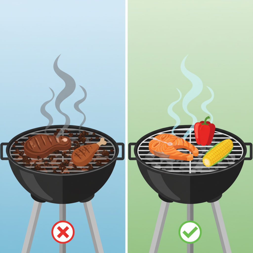 A clear, modern flat illustration in an infographic style, visually explaining the health benefits of a clean grill. On the left, a section of a dirty grill grate with visible burnt residues. From this dirty section, faint, abstract, dark, swirling smoke-like wisps are subtly depicted rising towards a piece of cooking meat above, symbolizing harmful compounds. On the right, a perfectly clean section of the same grill grate. Above it, food is cooking, emitting clear, light, and pleasant aroma lines, with no dark wisps present. The illustration emphasizes the visual difference in cooking environments and the impact on food quality and safety.