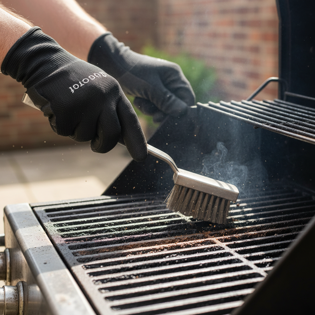 A dynamic, close-up professional photo, taken at eye-level, showing a person's gloved hands vigorously scrubbing a hot grill grate with a sturdy stainless steel grill brush. Subtle steam or tiny sparks rise from the grate, highlighting its warmth. The action clearly illustrates burnt-on food residue being lifted away, revealing the gleaming, clean metal underneath. The background is softly blurred, hinting at an outdoor grilling environment, emphasizing efficiency and immediate post-grill cleaning.
