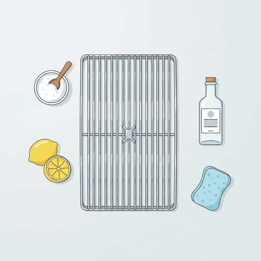 A clean, modern flat illustration depicting a pristine, gleaming grill grate centrally placed on a light, uncluttered surface. Surrounding the grate are various common household cleaning items: a lemon cut in half, a small bowl of baking soda paste with a spoon, a bottle of white vinegar, and a non-abrasive sponge. The overall composition should be bright and inviting, showcasing the simplicity and accessibility of using everyday items for grill maintenance.