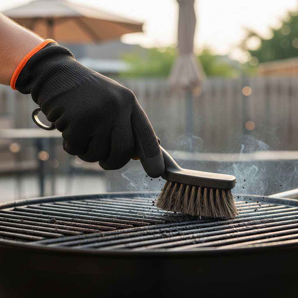A close-up, dynamic shot of a person's gloved hand vigorously scrubbing a still-warm, dark metal grill grate with a sturdy grill brush. A small amount of smoke or steam subtly rises from the grate, indicating warmth. Food residue is visibly being scraped away, revealing cleaner metal underneath. The background is a soft-focus hint of a pleasant outdoor grilling area with summer vibes, suggesting a post-grill cleanup. Emphasize cleanliness and the effectiveness of the tool in a professional, high-quality photograph with natural lighting.