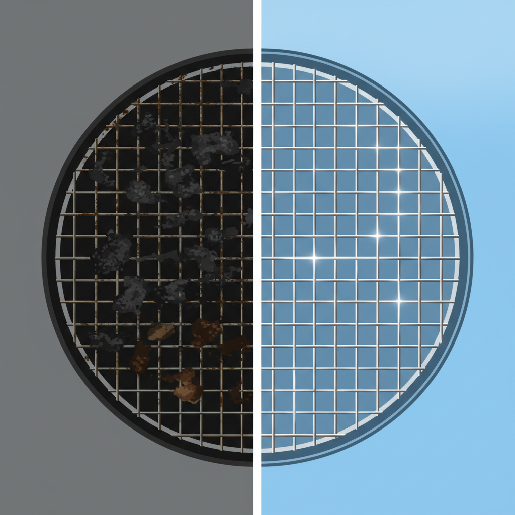 A clear visual juxtaposition showcasing a 'before and after' comparison of a grill grate. On the left side, the grate is heavily soiled with burnt food residue, grease, and dark, unappetizing grime. On the right side, the exact same grill grate appears sparkling clean, gleaming, and pristine, ready for use, perhaps with a subtle, protective sheen. The overall impression should be one of dramatic transformation and renewed readiness for grilling. Use a clean, modern flat illustration style with high contrast between the dirty and clean states.
