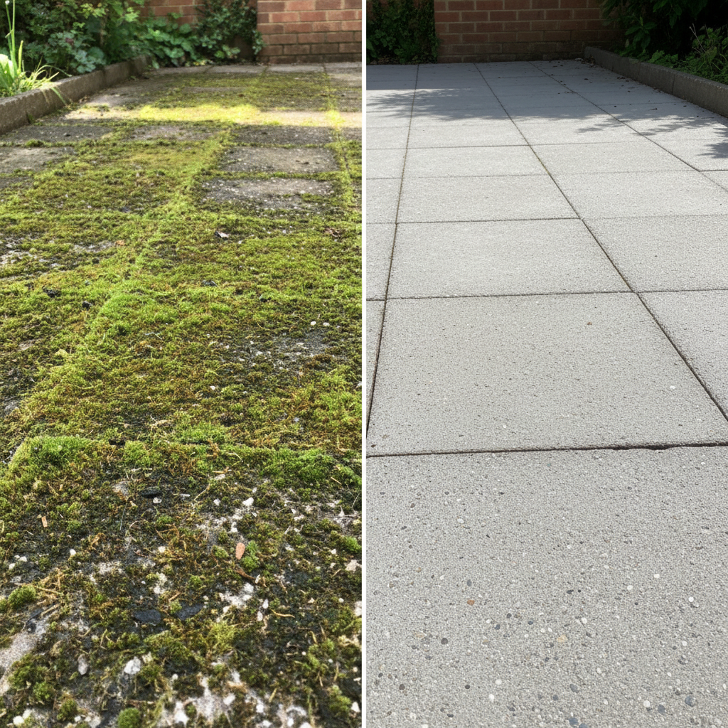 A professional, realistic photo depicting a clear before-and-after scenario for Grünbelag removal. The left side of the image showcases an outdoor patio area or a section of a concrete pathway, heavily obscured by a dense layer of vibrant green moss, algae, and dark stains, suggesting dampness and neglect. The right side of the image presents the exact same outdoor surface, now immaculately clean and restored to its original state, with distinct paving stones or smooth concrete visible. The division between the two states should be sharp, highlighting the transformative effect of cleaning, under natural outdoor lighting.