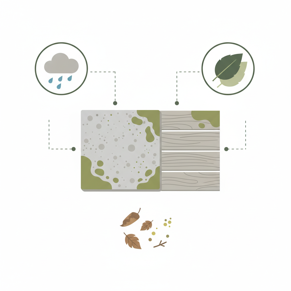 A flat illustration depicting the common factors contributing to Grünbelag formation on an outdoor surface. The central element is a generic paving stone or wooden deck section, partially covered with subtle green growth. Surrounding this element are illustrative icons: a rain cloud with droplets symbolizing moisture, a large leaf casting a shadow representing shade, and scattered organic debris like small leaves or pollen, representing nutrients. The elements should subtly converge towards the surface, visually explaining the causes in a clean, modern infographic-style manner with earthy green and grey tones.