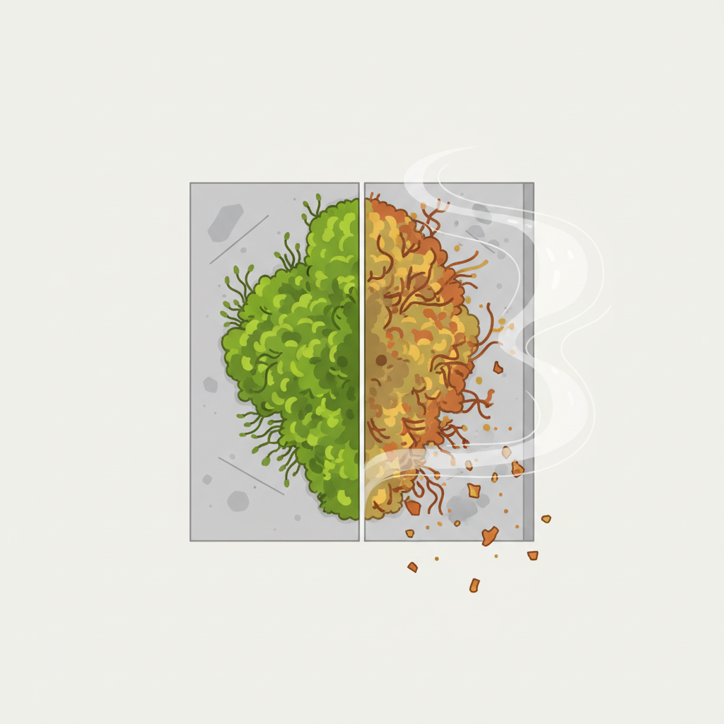 A modern, clean flat illustration depicting the conceptual effect of vinegar on green growth. On one side of the image, a healthy, vibrant green patch of moss or algae is firmly attached to a segment of a light grey concrete slab. On the other side, the identical patch of green growth appears withered, discolored with yellowish-brown hues, and visually breaking apart into smaller fragments. Subtle, transparent energy lines or a faint, clear vapor emanates around the withered growth, symbolizing the acid's action without showing any explicit vinegar bottle.