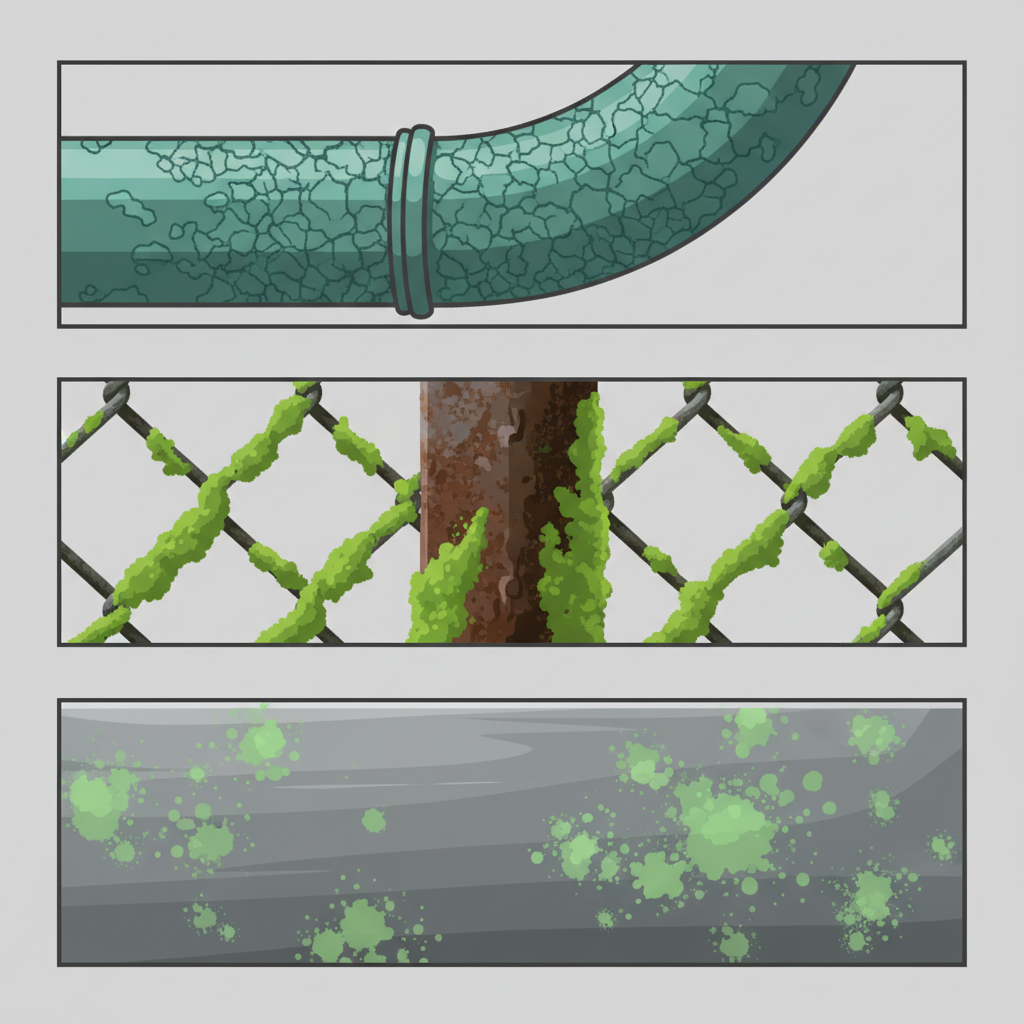 A stylized, split-screen or multi-panel flat illustration depicting various types of green residue on metal. One section shows a copper pipe or statue with a distinct green-blue patina. Another section displays an aged metal fence post heavily covered in vibrant green moss and algae. A third panel features a metal sheet exhibiting spots of green corrosion or oxidation. The overall aesthetic should be clean and informative, using clear visual distinctions between the different types of green accumulation, emphasizing their varied textures and forms.