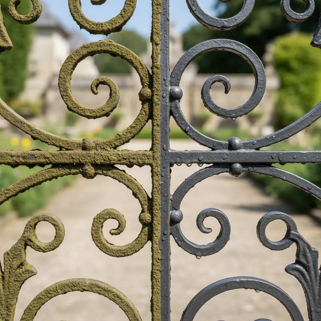 A professional, high-resolution photo or realistic illustration showcasing a 'before and after' effect of cleaning green residue from a metal object. The image focuses on a section of an outdoor metal railing, garden sculpture, or old metal tool. One half of the object is visibly covered in a dull, dark green layer of grime, moss, and possibly light corrosion. The other half is sparkling clean, revealing the natural sheen of the bare metal beneath, highlighting the dramatic visual improvement and restored appearance. The lighting should be bright and clear to emphasize the contrast.