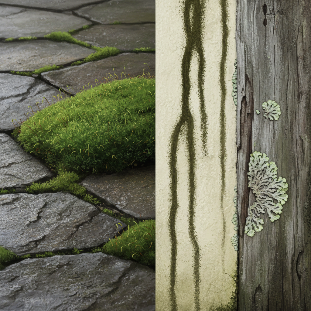 A detailed, realistic digital painting showcasing various types of 'grünes Zeug' on common outdoor surfaces. The image features a close-up of vibrant green moss growing between the cracks of weathered stone patio pavers, a section of a light-colored building facade streaked with dark green algae, and a patch of grey-green lichen clinging to an old wooden fence post. Emphasize the distinct textures and patterns of each growth, creating a visual representation of the problem. The surfaces should appear slightly damp and aged, highlighting the conditions where these organisms thrive.