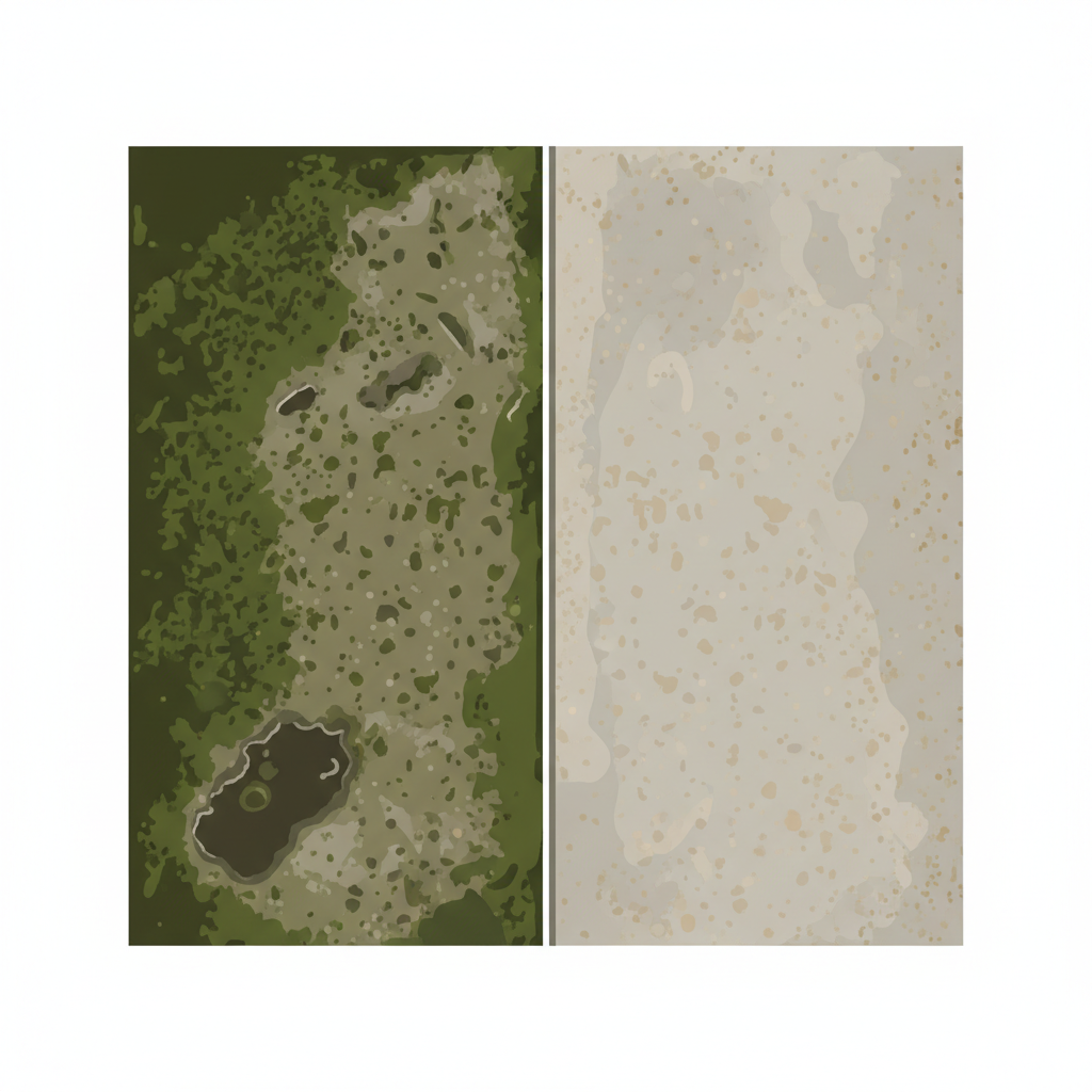 A clean, modern flat illustration depicting a stark before-and-after contrast of an outdoor surface. On the left side, a section of a concrete garden path or wooden deck is heavily covered in thick, dark green moss and algae, making it appear slippery and neglected. A clear, sharp vertical line divides this from the right side, which shows the same surface area completely clean, bright, and pristine. The contrast should be dramatic, emphasizing the aesthetic improvement and highlighting the effectiveness of cleaning.