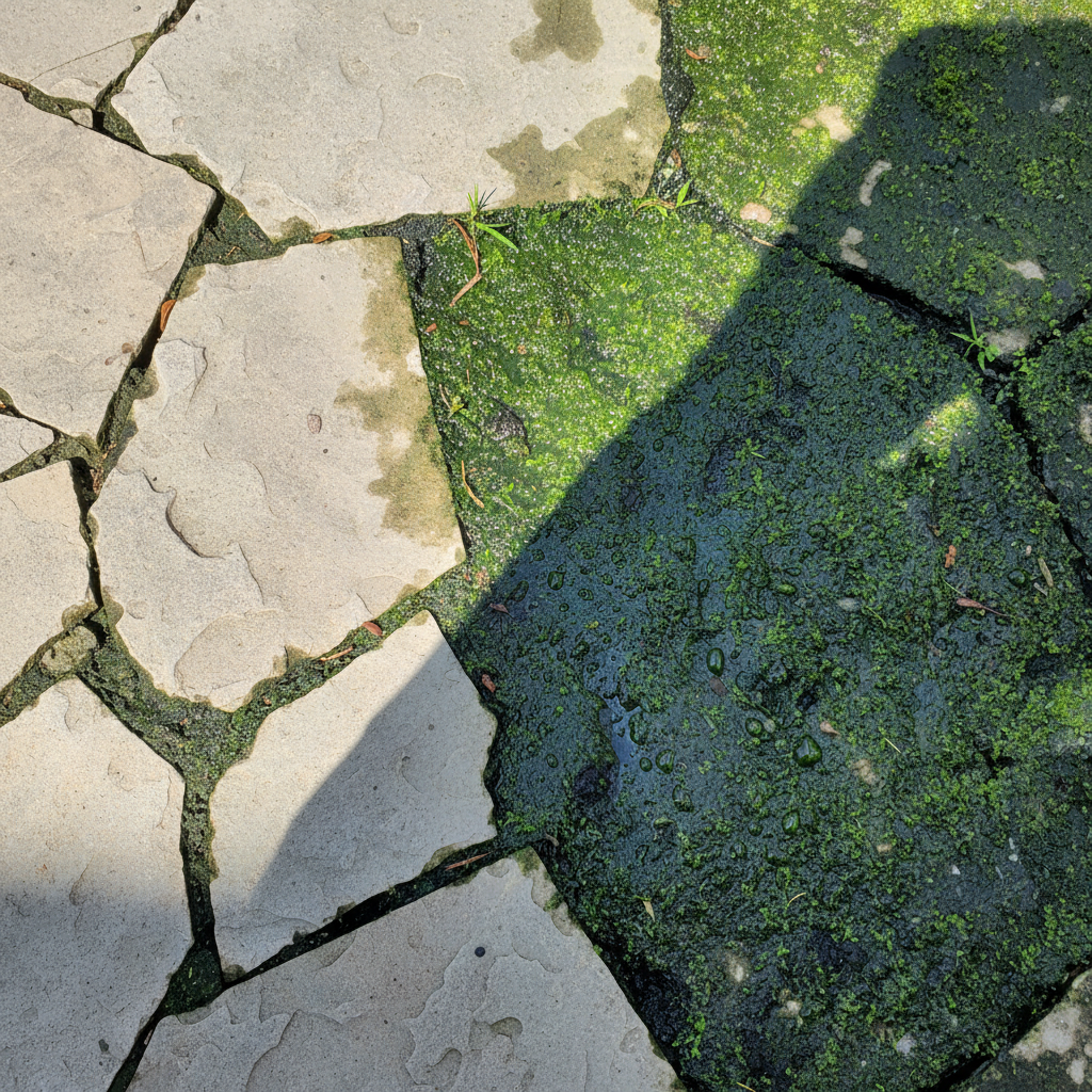 A close-up, eye-level professional photo showcasing an outdoor stone patio or pathway. Approximately half of the visible stone surface is covered with a thick, vibrant green and dark green layer of algae, moss, and mold, making the texture appear slimy and discolored. The other half of the stone is clean, revealing its natural light grey or beige color and rough texture. Subtle visual cues like dampness or a shadow across the affected area could be present, emphasizing the conditions that promote growth. The overall impression is one of contrast between neglected and clean surfaces, highlighting the problem.