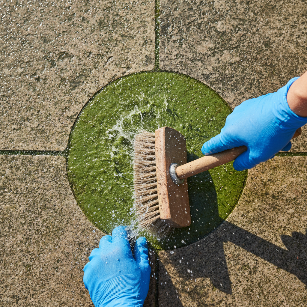 A professional photo from an elevated angle, looking down on a pair of gloved hands actively cleaning an outdoor stone surface. One hand holds a stiff-bristled brush with a long handle, vigorously scrubbing a patch of vivid green mold and algae. Water droplets are flying from the bristles. A distinct, crisp line separates the still-affected green area from a freshly cleaned, natural-colored stone section, highlighting the immediate effectiveness of the cleaning process. The image focuses on the practical application of a physical cleaning method, showing effort and results.