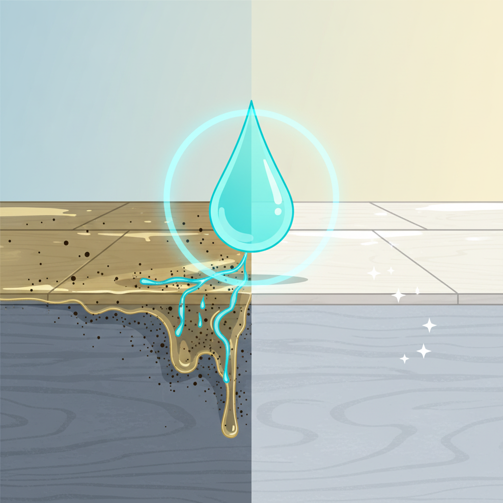 A clean, modern flat illustration depicting a cross-section of a floor surface, such as tile or wood. On the left side, the surface is visibly dull and dirty, showing embedded grime, old wax layers, and deep-seated particles. A drop of a concentrated cleaning agent, symbolized by a vibrant liquid, is shown actively penetrating deep into the material's pores. On the right side, the same surface area appears sparkling clean and bright, with the previously embedded dirt particles visibly dissolved and lifted away, highlighting the deep cleaning effect.