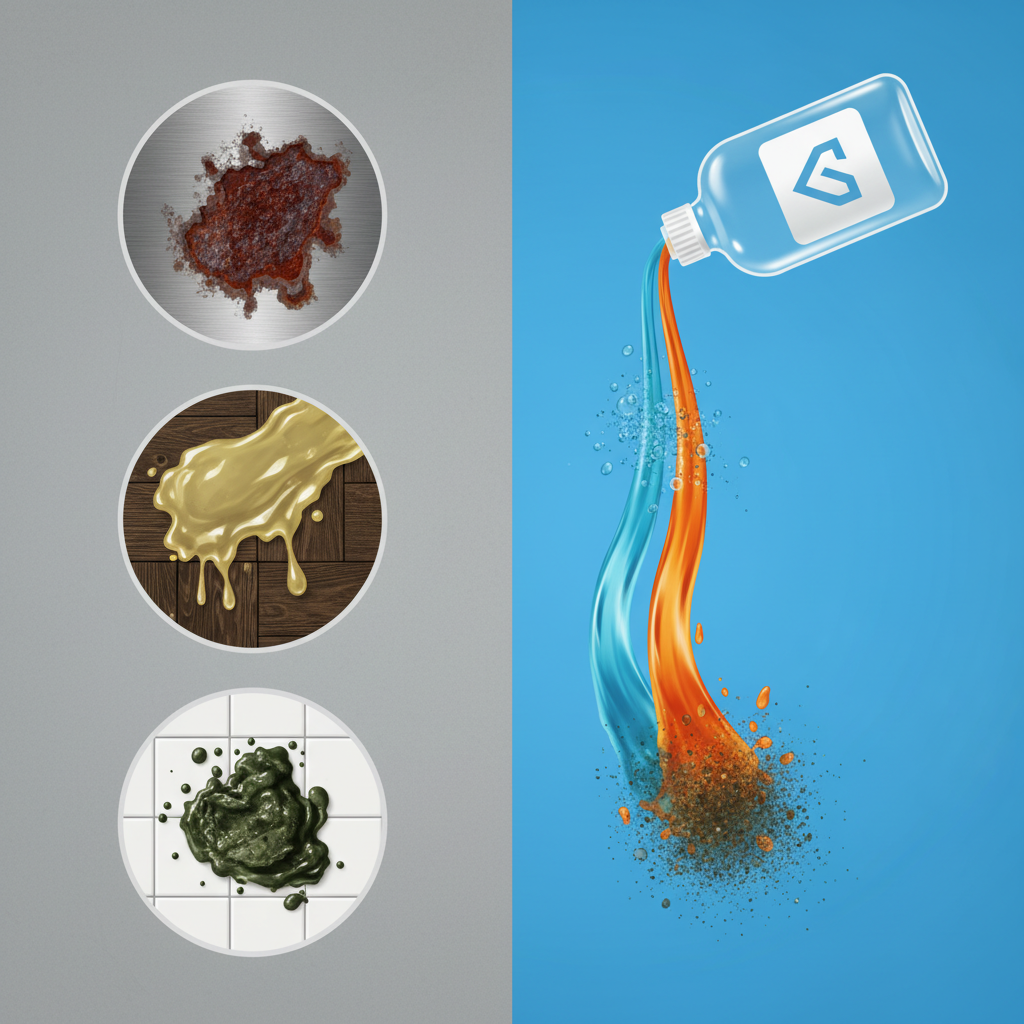 A vibrant, clean infographic style illustration conceptually divided into two zones. On one side, various types of stubborn, deeply embedded dirt are depicted on different surfaces: a patch of rust on metal, a thick layer of old wax on wood, and caked-on grease on a kitchen tile. These dirts appear visually resistant and deeply stuck. On the other side, a generic bottle representing a highly concentrated 'Grundreiniger' is shown, with distinct streams of liquid (e.g., one blue for acidic, one orange for alkaline) flowing out. These streams are actively dissolving the corresponding stubborn stains, demonstrating the cleaner's targeted and powerful action.