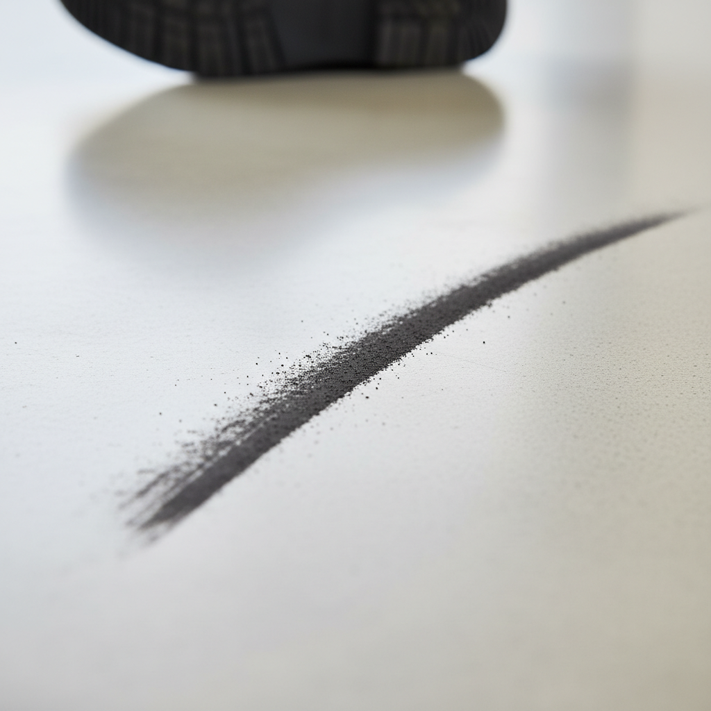A professional, close-up photo showing a section of a light-colored, clean floor (e.g., polished concrete or light linoleum) with a very distinct, dark, long rubber scuff mark across it. In the background, slightly out of focus, a rubber sole of a shoe or a tire tread is visible, hinting at the source of the mark. The scene should convey the impact of friction, with subtle visual cues of the tiny rubber particles left behind that form the mark. The overall image should be clean and well-lit, emphasizing the contrast between the pristine surface and the unsightly mark.