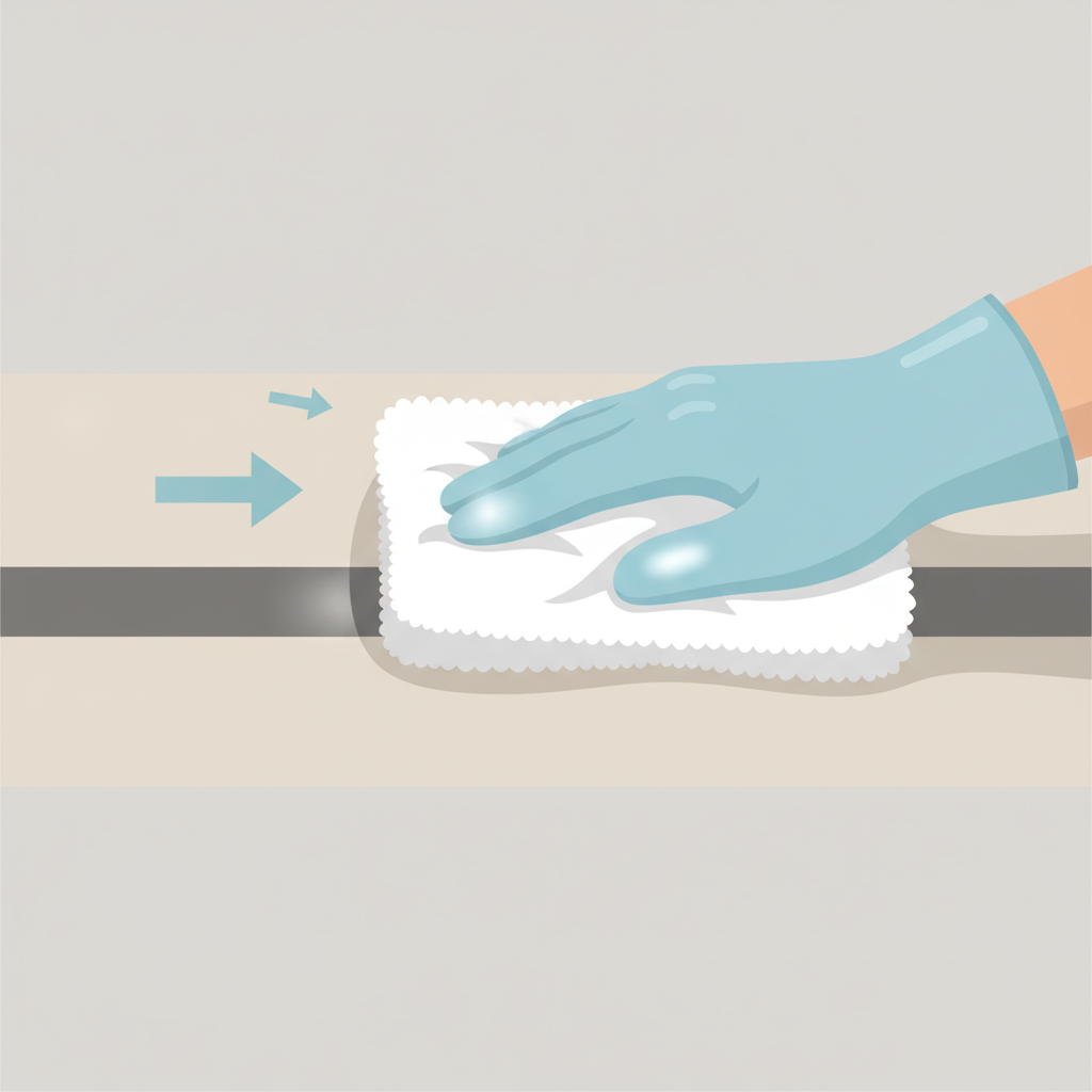A clean, minimalist infographic-style illustration depicting the process of removing a rubber scuff mark from a floor. The image shows a close-up section of a floor surface (e.g., light linoleum or PVC). A human hand, wearing a subtle glove, holds a soft white cloth slightly dampened with a clear liquid. The hand is gently wiping across a visible dark rubber scuff mark on the floor. The area where the cloth has passed should appear visibly cleaner, suggesting the mark is being removed. The style should be clear, modern, and easily convey a cleaning action.