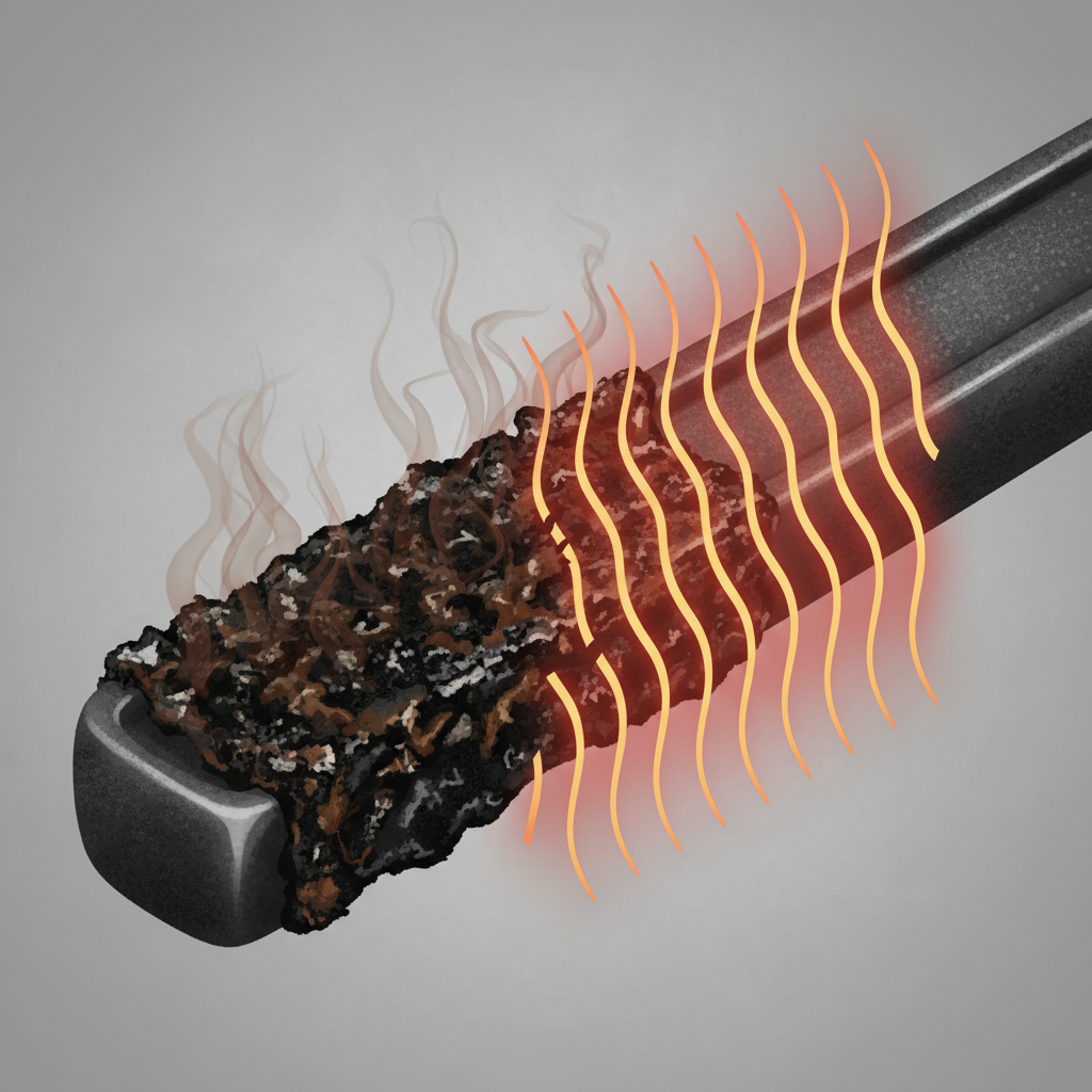 A stylized diagrammatic illustration focusing on heat distribution on a cast iron grill grate. The image shows a close-up cross-section of a grate bar. One section of the bar is covered with a thick, dark layer of burnt food and grease, while an adjacent section is clean and well-maintained. Visual elements, such as subtle red-orange heat gradients or wavy lines, should emanate from the grate. The heat should be depicted as flowing unevenly: strong and consistent from the clean section, but significantly muffled, blocked, or distorted where the burnt residues are present, illustrating poor heat transfer.