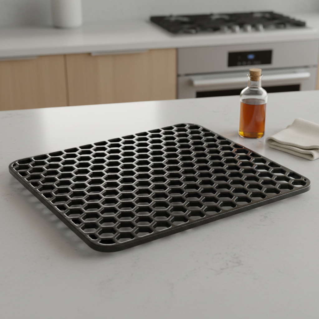 An illustrative scene depicting a gleaming, perfectly clean cast iron grill grate, freshly re-seasoned, resting on a clean, light-colored surface. The grate should have a beautiful, dark, almost glossy patina, reflecting a soft light. Next to it, a small, unbranded container of seasoning oil and a clean, folded cloth are neatly arranged. The overall impression should be one of meticulous care and readiness for grilling. The background is a clean, minimalist kitchen or outdoor preparation area. Style: Detailed, realistic digital illustration with a clean and inviting aesthetic.