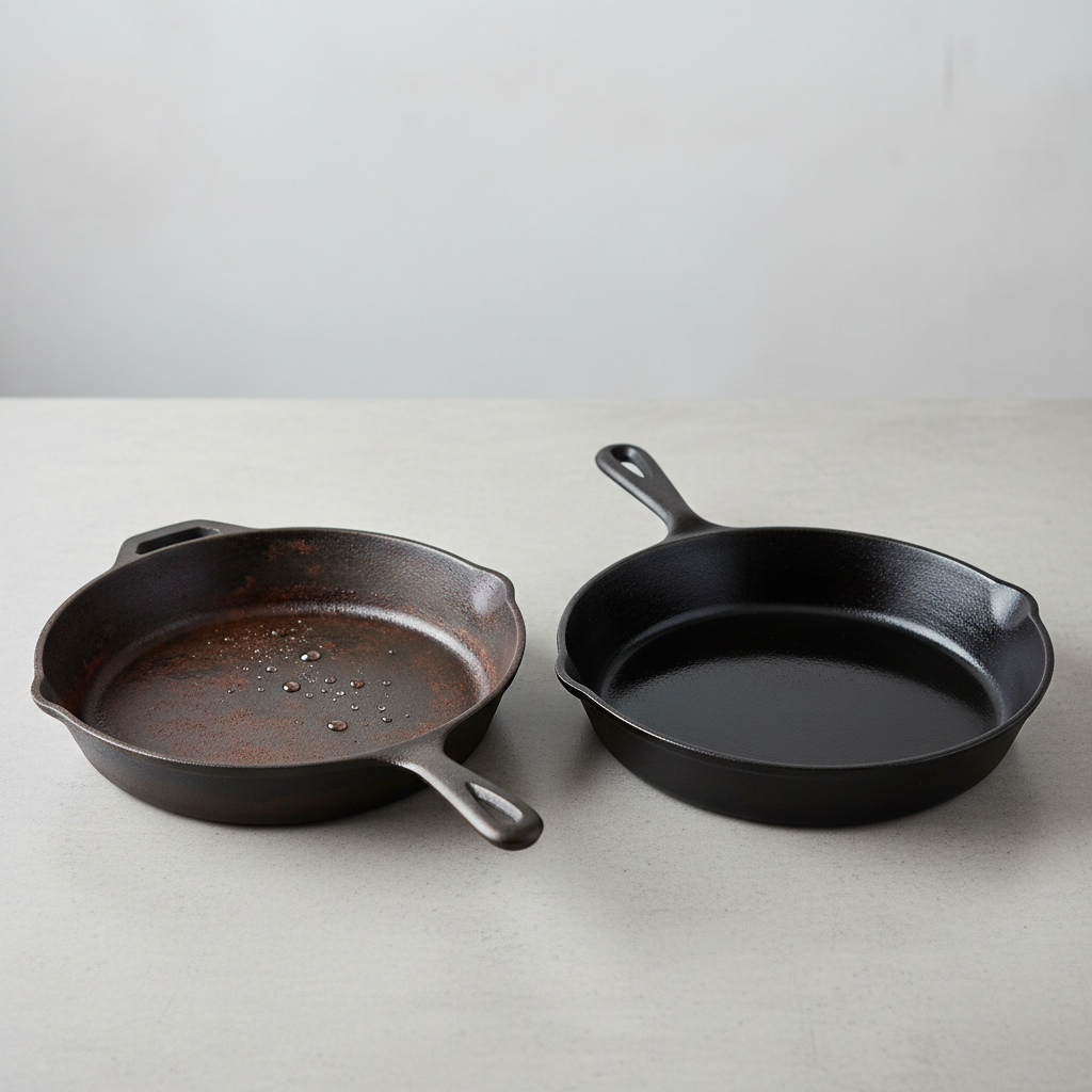 A close-up, high-quality studio photograph of two cast iron skillets side-by-side. The skillet on the left is visibly covered in reddish-brown rust spots, appearing dull and neglected, with small beads of water on its surface suggesting moisture. The skillet on the right, in stark contrast, is impeccably clean, boasting a deep, rich black patina, appearing well-seasoned and ready for use. The background is simple and clean, focusing entirely on the contrast between the rusted and restored states, emphasizing the article's goal of rust removal.