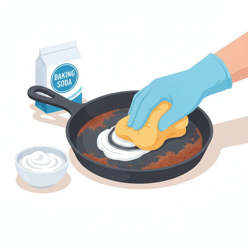 A vibrant, clean flat illustration depicting the practical application of a homemade rust removal method. A partially rusted cast iron skillet is centrally placed. A human hand, wearing a light blue protective glove, is gently spreading a thick, white paste (representing baking soda and water) onto a rusted section of the skillet using a soft sponge or cloth. Nearby, a small bowl holds the remaining paste, and a bag of baking soda is subtly visible in the background, suggesting the ingredients. The overall style is friendly, clear, and focused on the practical process.