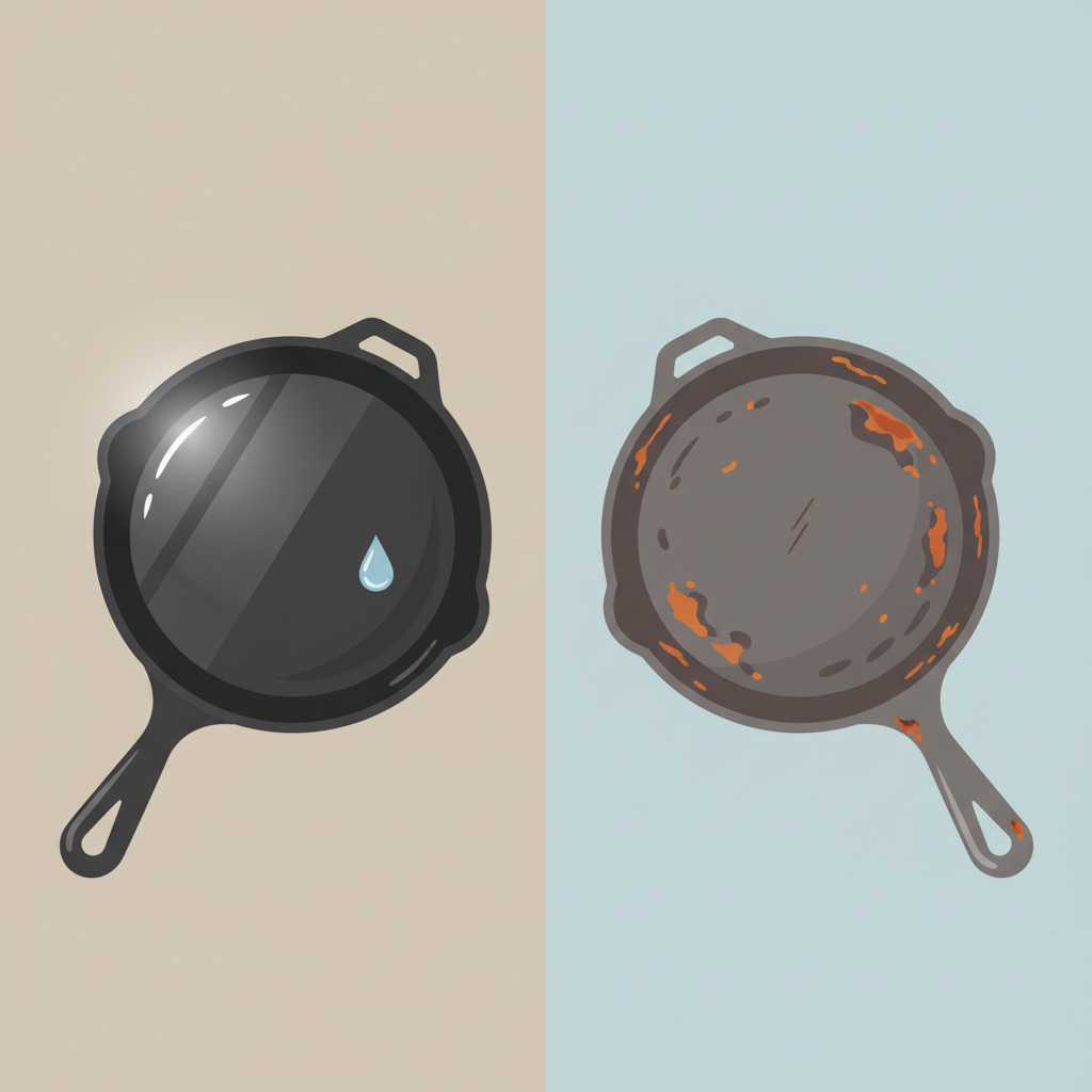 A flat illustration with a modern, infographic-like aesthetic, depicting two contrasting cast iron skillets. On the left, a perfectly seasoned, dark cast iron skillet, showing a smooth, almost reflective patina with a subtle visual cue of its non-stick properties and longevity. On the right, a dull, patchy cast iron skillet with visible signs of damage or rust, representing a neglected or improperly cleaned surface with a compromised patina. The background is minimalistic to emphasize the visual comparison.