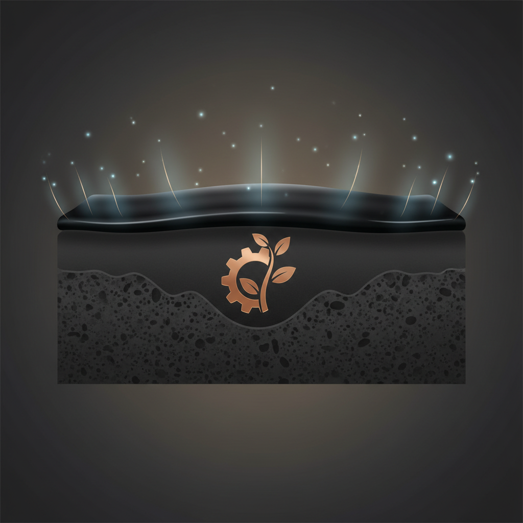 An illustrative visual that conveys the concept of 'patina' and 'longevity' for a cast iron pan. Imagine a subtle, scientific cross-section of a cast iron pan's surface, showing distinct layers. The base layer is the textured, greyish-black iron. Above it, a smooth, dark, glossy layer representing the built-up, protective patina. Subtle, faint glowing lines or a gentle aura should emanate from the patina layer, suggesting its non-stick and protective qualities. A subtle, abstract element like an interlocking gear or a growing plant sprout can symbolize durability and enhancement over time. Modern, clean infographic-style illustration with subtle textures.