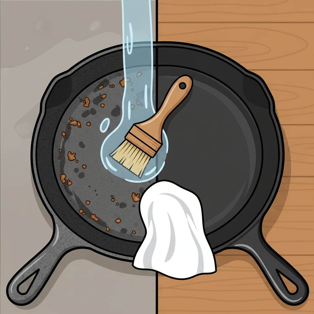 A vibrant flat illustration depicting the transformation of a cast iron skillet. The left side shows a well-used, slightly grimy cast iron pan with a few stuck-on food bits, conveying a need for cleaning. The right side showcases the same pan, now sparkling clean, with a deep, even patina and a subtle sheen, looking perfectly maintained. In the center, subtle visual cues of the gentle cleaning process: a stream of hot water, a soft bristled brush, and a clean drying cloth, emphasizing careful maintenance. The overall impression should be of effective, non-damaging cleaning.