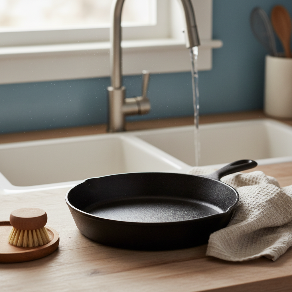 A professional, bright still-life photo featuring a clean, well-maintained cast iron skillet as the central focus. Arranged around it are the essential tools for its daily care: a soft-bristled scrub brush, a gentle stream of hot water running into a sink in the background, and a pristine, folded kitchen towel ready for drying. There are no harsh chemicals or abrasive materials visible, subtly emphasizing the correct, gentle approach to cleaning a cast iron pan. The composition should convey simplicity, effectiveness, and care.