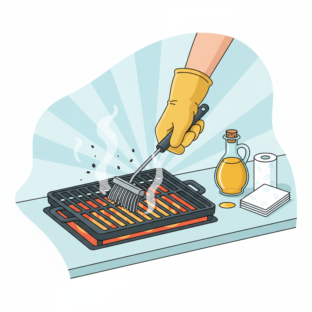 A vibrant, detailed flat illustration depicting the essential steps of cleaning a cast iron grill grate after use. A pair of hands is actively brushing a warm grill grate with a sturdy wire brush, removing visible food residue. Nearby, a bottle of cooking oil and a stack of paper towels are arranged, symbolizing the subsequent steps of oiling and wiping. The scene is well-lit, emphasizing the tools and the process.
