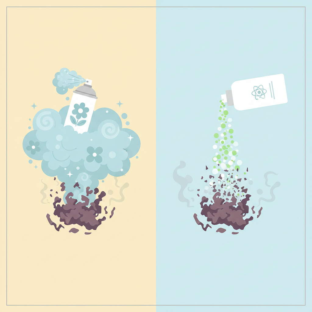 A split-scene flat illustration depicting the difference between masking and neutralizing odors. On the left side, a stylized household air freshener spray can emits a flowery scent cloud that temporarily hovers over a dark, swirling cloud of unpleasant odor molecules, representing traditional masking. On the right side, a generic, clean-looking product bottle releases bright, active particles that directly interact with and break down the dark odor molecules, causing them to dissipate entirely, symbolizing true neutralization. The overall scene should convey effectiveness and scientific action in a clean, modern style with a clear visual contrast between the temporary cover-up and permanent elimination.
