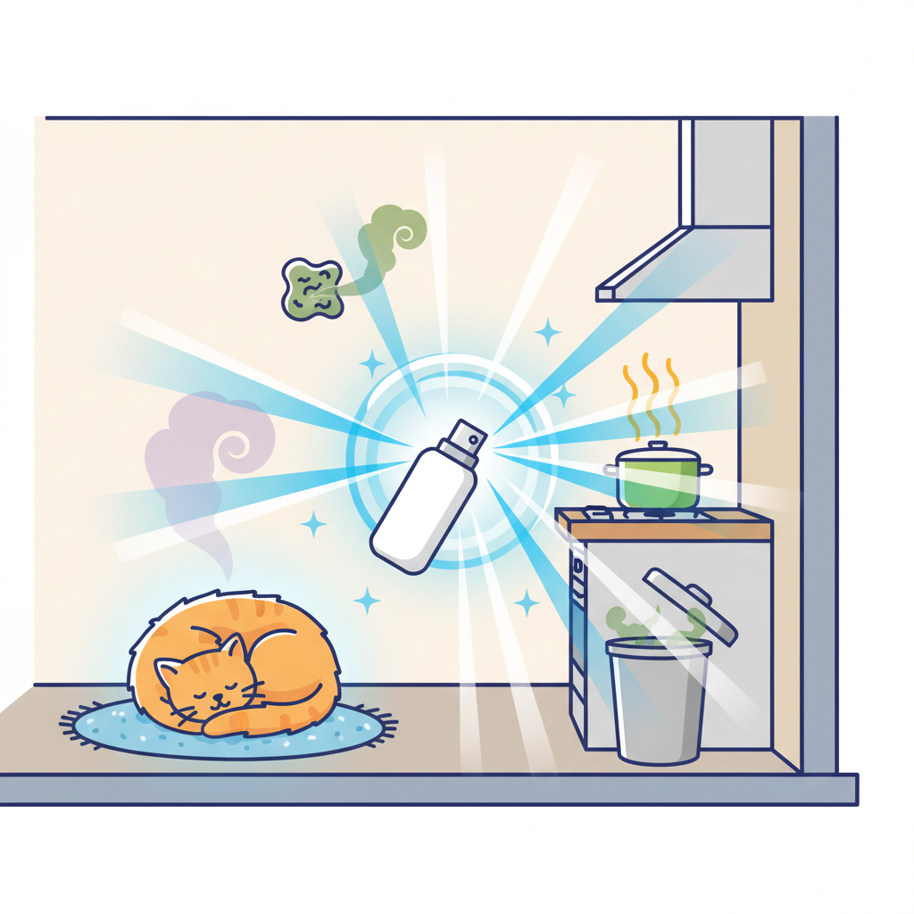 A vibrant, detailed vector illustration showcasing various common household odor sources within a stylized home environment. The scene combines elements like a pet peacefully sleeping on a rug with a faint, abstract odor cloud emanating, a kitchen counter with a simmering pot emitting subtle cooking fumes, a small, subtle patch of dampness on a wall indicating mold, and a trash can with a lid slightly ajar. From the center, a generic, sleek odor remover bottle emits radiating lines or waves that interact with and completely eliminate each of the distinct odor clouds, leaving the areas looking fresh and clean. The illustration should use bright colors and clean lines to emphasize freshness and problem-solving.