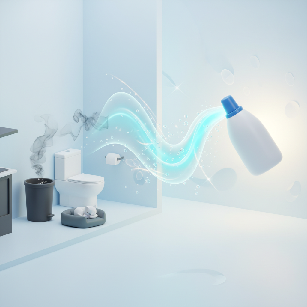 A modern, clean 3D illustration depicting a domestic scene with common odor sources. On one side, subtle, transparent, dark-colored wisps of 'bad odor' emanate from areas like a kitchen trash bin, a pet bed, and a bathroom toilet. On the other side, an abstract representation of a cleaning product bottle (without any visible brand or text) emits a bright, purifying mist or wave. This mist is actively dissolving and neutralizing the odor wisps, leaving behind a fresh, sparkling clean atmosphere. The overall mood should be effective and pleasant.