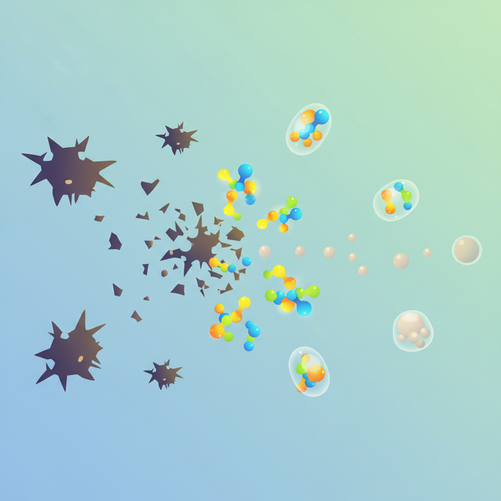 An infographic-style illustration visualizing the molecular action of odor neutralization. The image features stylized, irregular 'odor molecules' (depicted as dark, jagged shapes) dispersed in an abstract space. Smaller, active 'HG enzymes' or 'neutralizing agents' (represented by smooth, brightly colored, interconnected shapes or geometric figures) are shown approaching and actively breaking down or encapsulating the odor molecules. The odor molecules transform into smaller, inert, or absorbed particles, clearly conveying a process of decomposition and permanent elimination rather than mere masking. Use a scientific, clean, and vibrant color palette.
