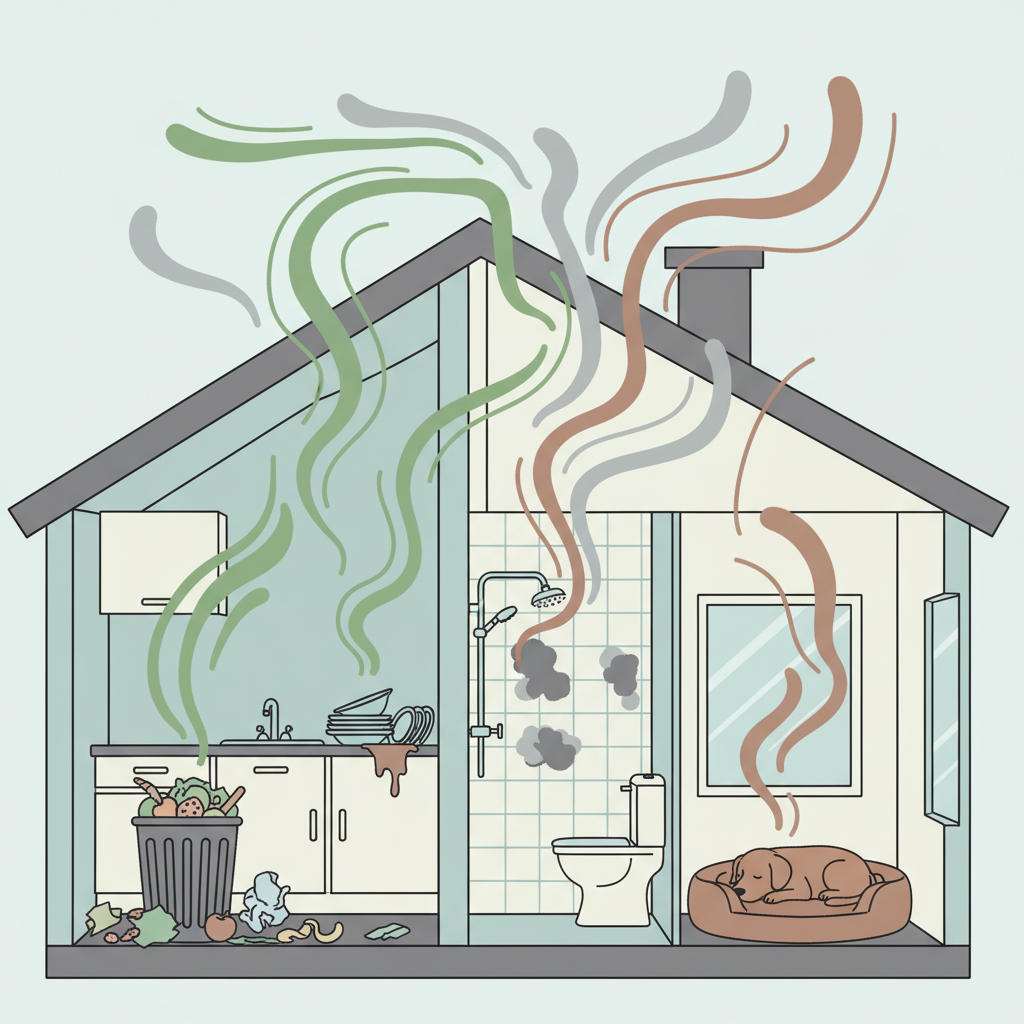 A vibrant, detailed flat illustration depicting a cross-section of a house interior, highlighting various common sources of unpleasant odors. On one side, an overflowing kitchen bin with visible food scraps emits stylized green, wavy 'odor clouds'. In a damp bathroom corner, subtle mold spots generate a cloudy, greyish 'musty' emanation. A pet bed features an abstract, swirling brown 'animal smell' representation. These distinct odor elements visually rise and mix in the air, creating a sense of an unpleasant environment, contrasted subtly by a clean, neutral background.