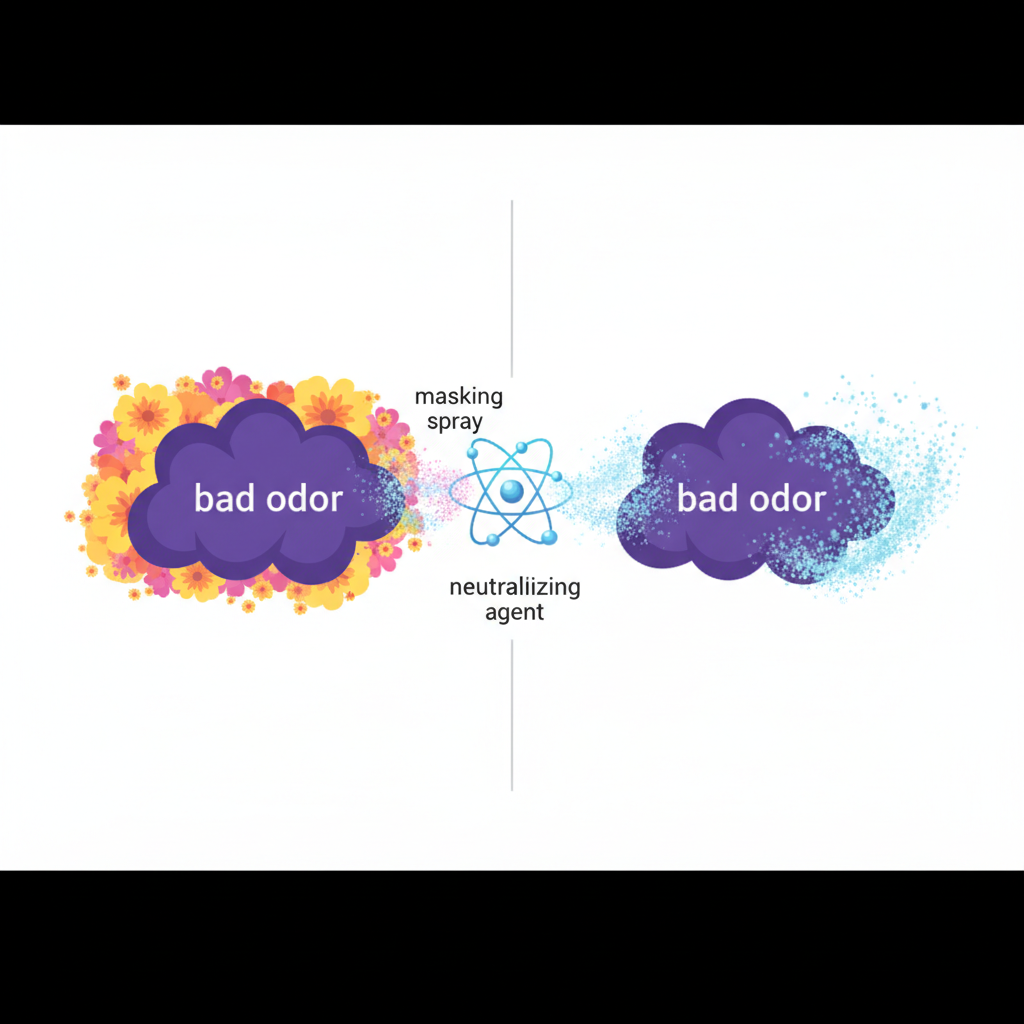 An infographic-style illustration visually contrasting odor masking versus odor neutralization. On the left side, a distinct, jagged purple 'bad odor' cloud is shown being merely covered by a thinner, more superficial layer of a bright, flowery 'masking spray' cloud, clearly showing the underlying odor is still present. On the right side, the same purple 'bad odor' cloud is depicted actively breaking down and transforming into sparkling, fresh, light blue 'fresh air' particles as it interacts with a central, abstract, almost scientific-looking 'neutralizing agent' symbol, indicating a complete transformation.