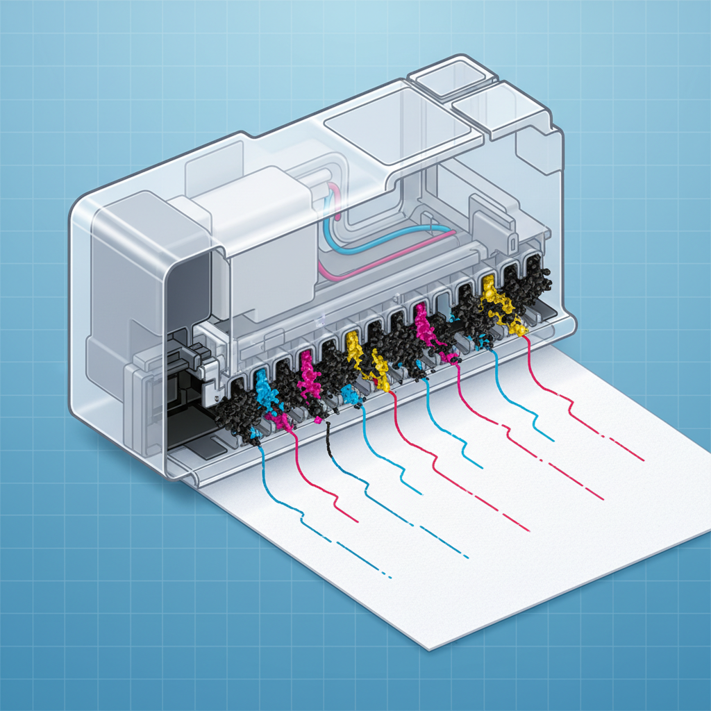 A detailed, cutaway technical illustration in a clean, modern style. The image depicts a cross-section of an HP printer's print head assembly. Inside, several tiny nozzles are visible, some clearly blocked by dried, solidified ink particles, while others are partially obstructed. Streams of vibrant ink are trying to eject from a few functioning nozzles, creating faint, broken lines on a piece of paper below. The overall impression highlights the intricate internal mechanism and the direct cause-and-effect of a clogged print head leading to poor print quality, with streaky output visible on the paper.