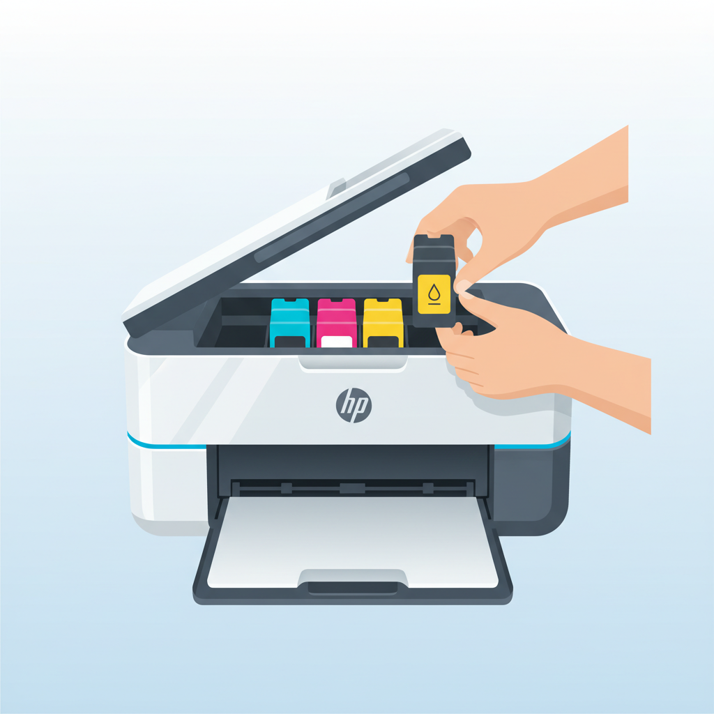 A professional, eye-level flat illustration with a soft color palette. The scene shows the open access panel of a sleek, modern HP inkjet printer. A pair of generic hands are carefully checking or reinserting vibrant, distinct ink cartridges into their respective slots within the printer's carriage. One of the cartridges could subtly display an empty indicator symbol, like an outlined, empty droplet icon, without any text. The background is clean and uncluttered, emphasizing the user's direct interaction with the printer's consumables, addressing the common issue of incorrectly inserted or empty ink cartridges.