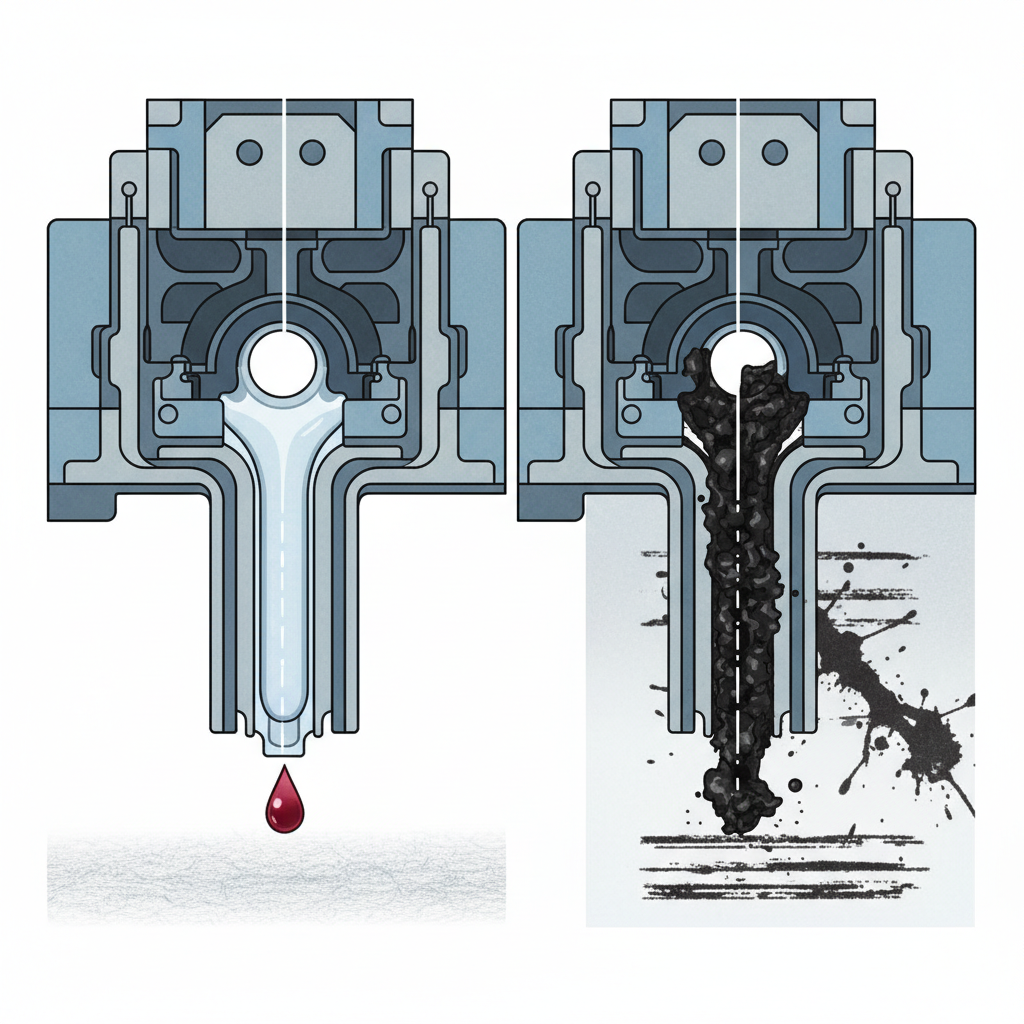 A highly detailed, close-up technical cross-section illustration of an inkjet printhead nozzle. On one side, show a perfectly clean nozzle with a tiny, vibrant ink droplet precisely expelling onto a microscopic representation of paper. On the other side, show the same nozzle heavily clogged with dried, dark ink residue, preventing any ink flow, with visible streaks on a partially printed paper in the background. The surrounding area of the printhead should have a subtle mechanical texture. This should be a clean, scientific diagram style illustration, clearly contrasting functionality versus blockage.