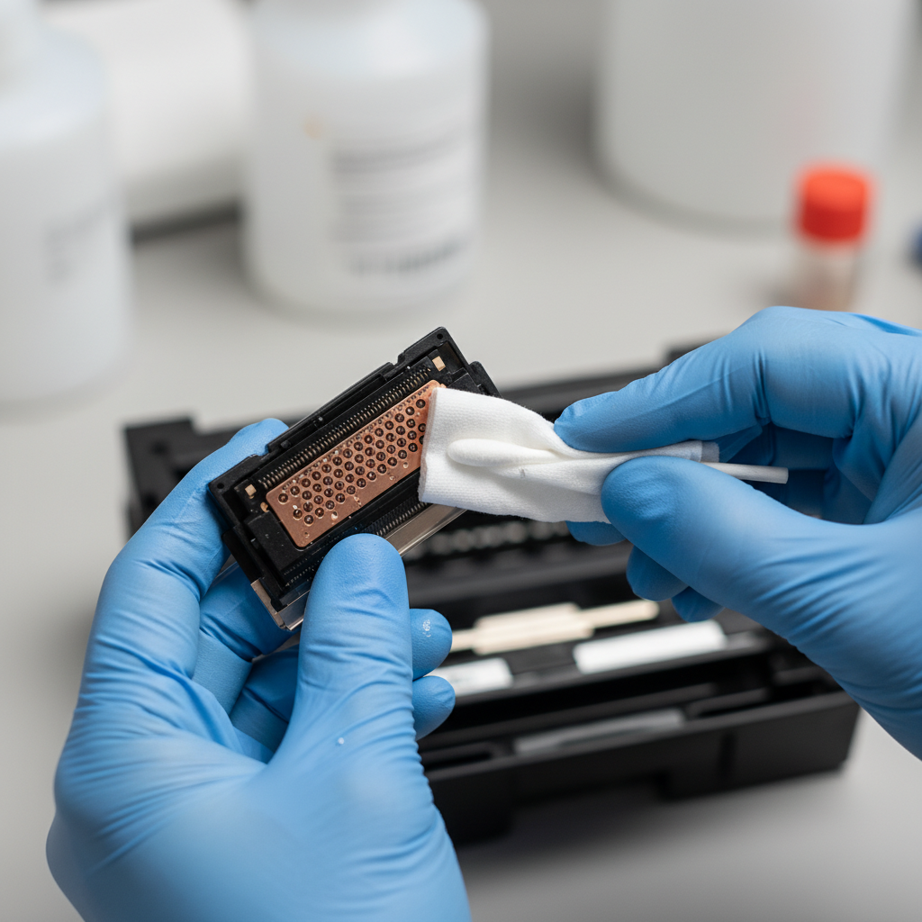 A professional, well-lit photo focusing on a pair of hands (possibly wearing latex gloves) carefully holding and manually cleaning an HP printer's printhead. The printhead should be removed from the printer, showcasing its intricate nozzle plate. One hand is gently wiping the nozzle surface with a lint-free cloth or cotton swab, perhaps with a subtle hint of cleaning solution. The background should be a clean, blurred workbench, suggesting a focused DIY maintenance task. The overall image conveys precision and practical problem-solving.