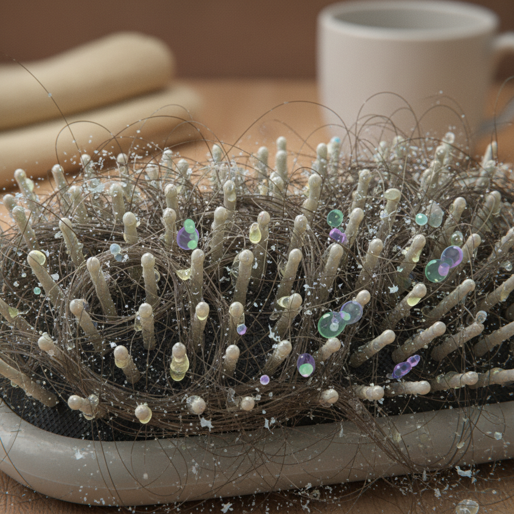 A detailed macro photography style illustration of a dirty hairbrush head. The bristles are visibly clogged with strands of hair, intertwined with minuscule specks of dust, translucent oily residue representing sebum, and subtle, shimmering flakes of dried styling products. Interspersed among these are very faint, stylized microbial shapes, hinting at bacteria or fungi. The focus is on the accumulation of unseen elements. The background is softly blurred, suggesting a personal care setting, emphasizing the hidden unsanitary aspects of a neglected brush.