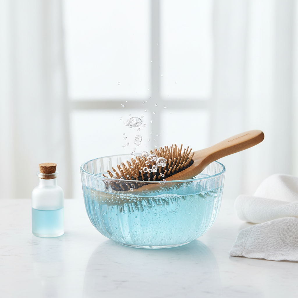 A professional product photography style image depicting a hairbrush soaking overnight. The brush is fully submerged in a clear glass or ceramic bowl filled with a sparkling, translucent cleaning solution, with subtle, delicate bubbles rising. The setting is a clean, minimalist bathroom countertop, illuminated by soft, diffused light, hinting at a peaceful, overnight process. The scene evokes a sense of effortless purification and renewal, emphasizing the 'overnight' aspect without explicit darkness.