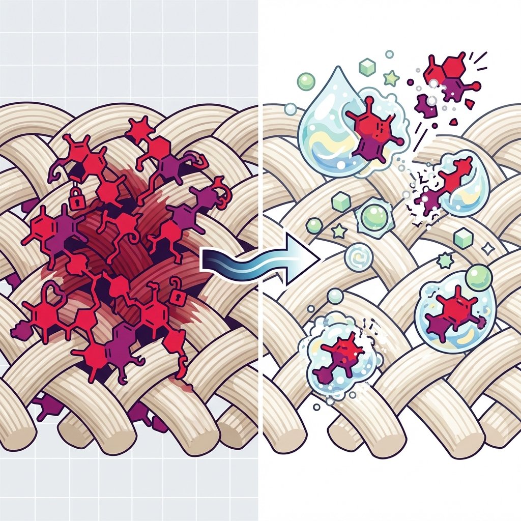 A detailed flat illustration showcasing the scientific process of stain removal. On one side, a magnified view of interwoven textile fibers with vibrant red and purple hair dye molecules visibly bonded tightly to them, representing a stubborn stain. On the other side, abstract representations of 'home remedy' cleaning agents (e.g., stylized liquid droplets or microscopic particles) are actively dissolving and detaching these dye molecules from the textile fibers. The scene should convey a sense of chemical action and effective cleaning, with a clean, light background emphasizing the transformation.