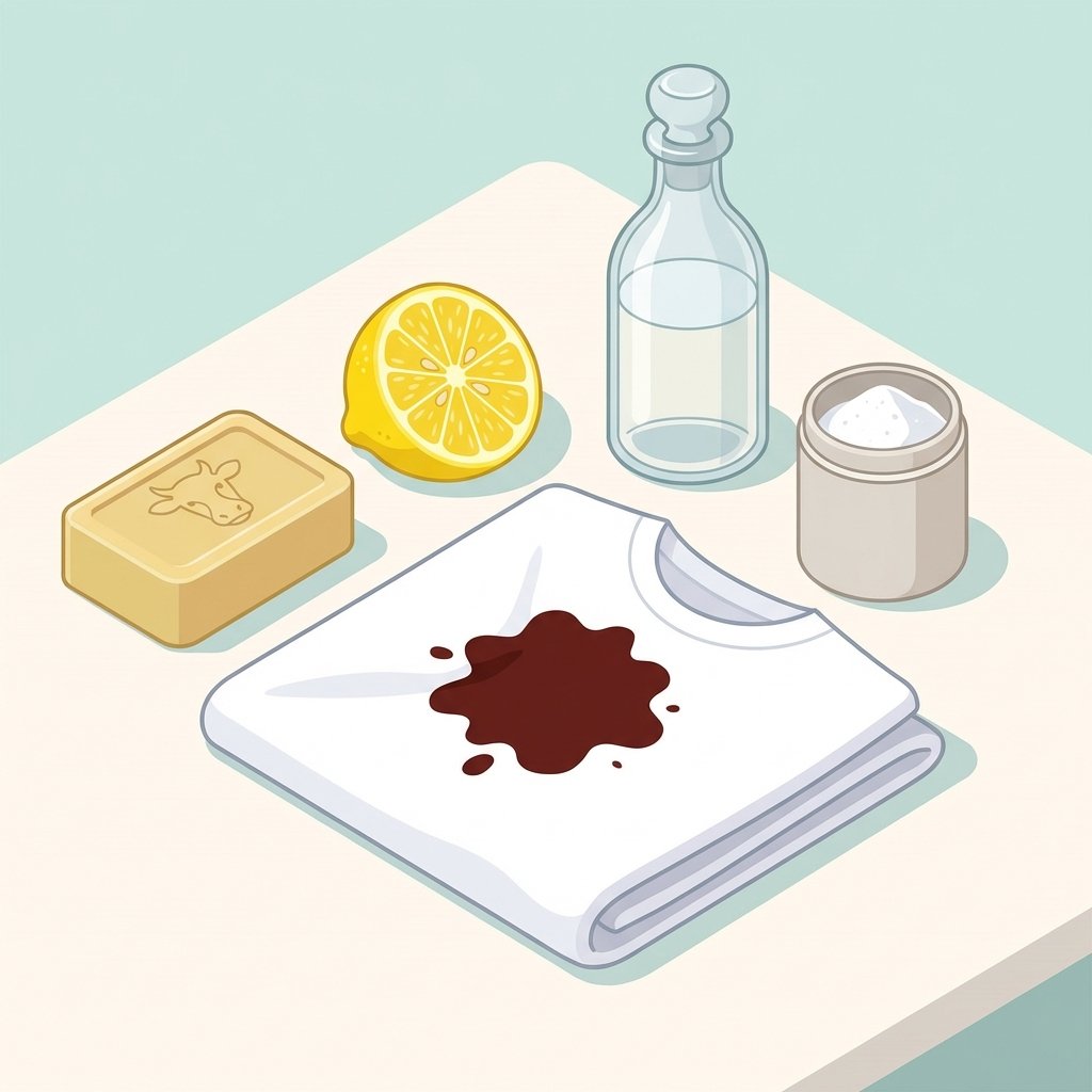 A vibrant, clean flat illustration in a professional still-life composition. The central element is a piece of white fabric (e.g., a cotton t-shirt or a towel swatch) clearly displaying a distinct hair dye stain, perhaps a dark red or brown blotch. Surrounding this stained fabric, arrange several recognizable household items commonly used as stain remedies: a bar of Gallseife, a half-cut lemon, a bottle of white vinegar, and a small, generic container of baking soda. The composition should be well-lit and aesthetically pleasing, suggesting practical, accessible solutions for stain removal.