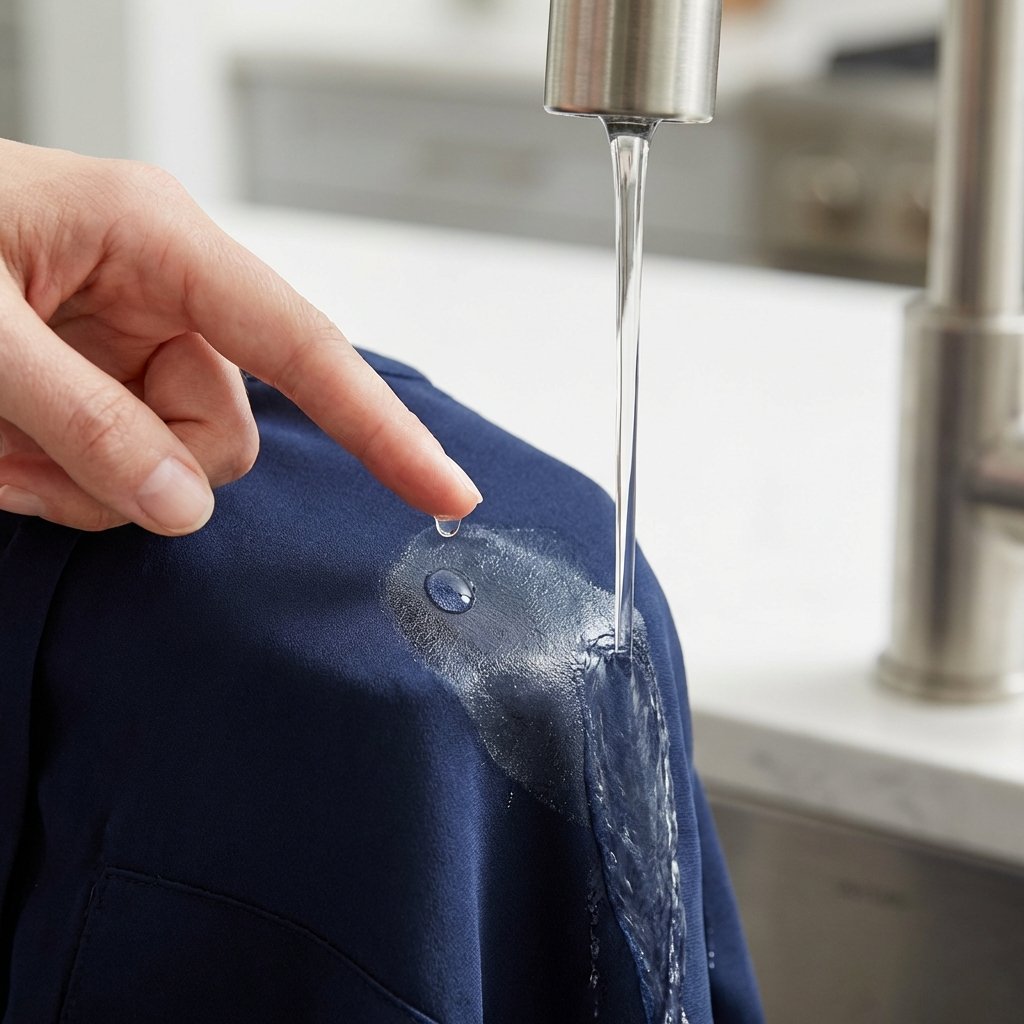 A professional close-up photograph showcasing a delicate fabric, like a silk blouse or a dark cotton shirt, with a subtle but visible, slightly glossy patch of dried hairspray residue. Next to this, a clean hand gently applies a single drop of clear dish soap onto the affected area, positioned beneath a gentle, steady stream of cold water flowing from a modern kitchen tap. The focus is sharp on the interaction of soap, water, and fabric, highlighting the initial steps of stain removal. The background is softly blurred.