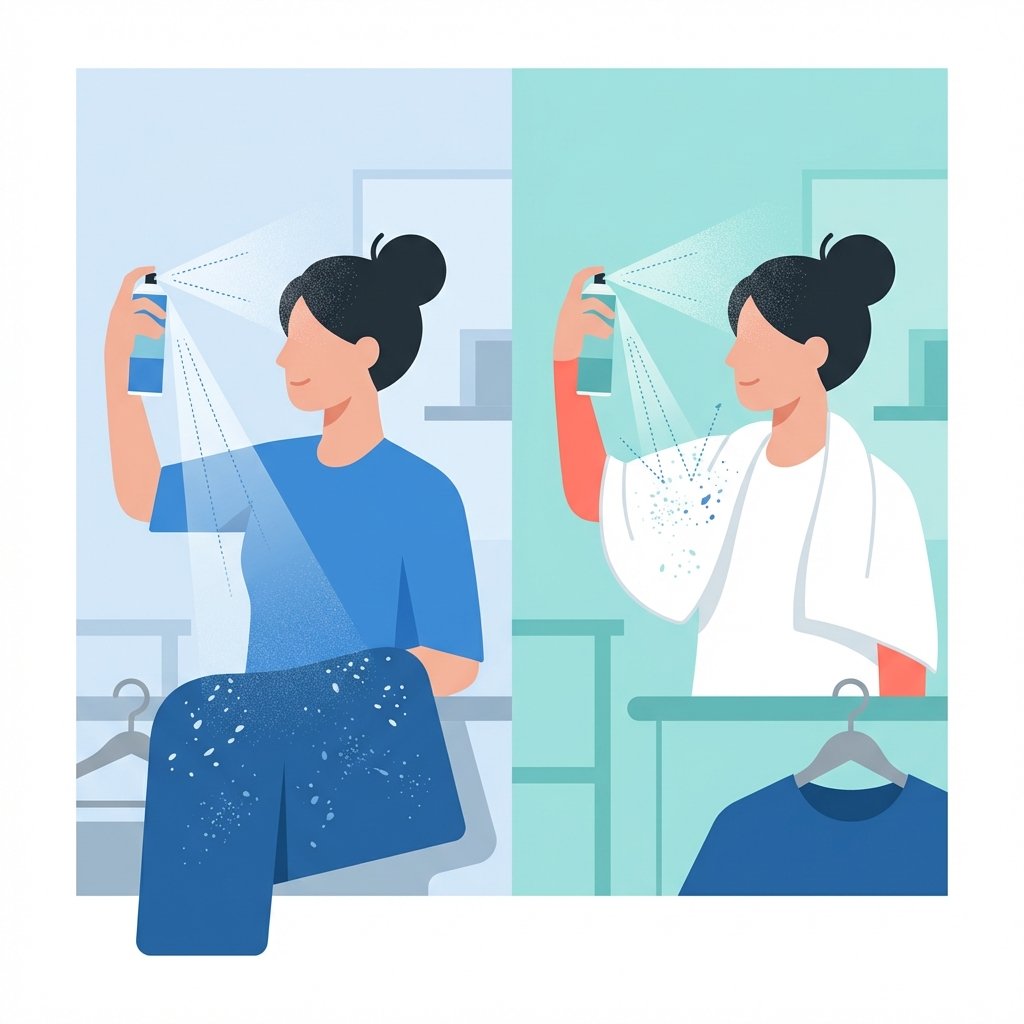 A clean, modern flat illustration in an infographic style, depicting two contrasting scenarios for hairspray application. On the left, a stylized figure with hairspray in hand is shown spraying hair, with tiny mist particles visibly landing on a garment draped nearby. On the right side, the same figure is shown using a white towel draped over their shoulders as a protective barrier while spraying their hair, effectively preventing any mist from reaching the clothing. The focus is on clear visual comparison of prevention versus accidental residue.