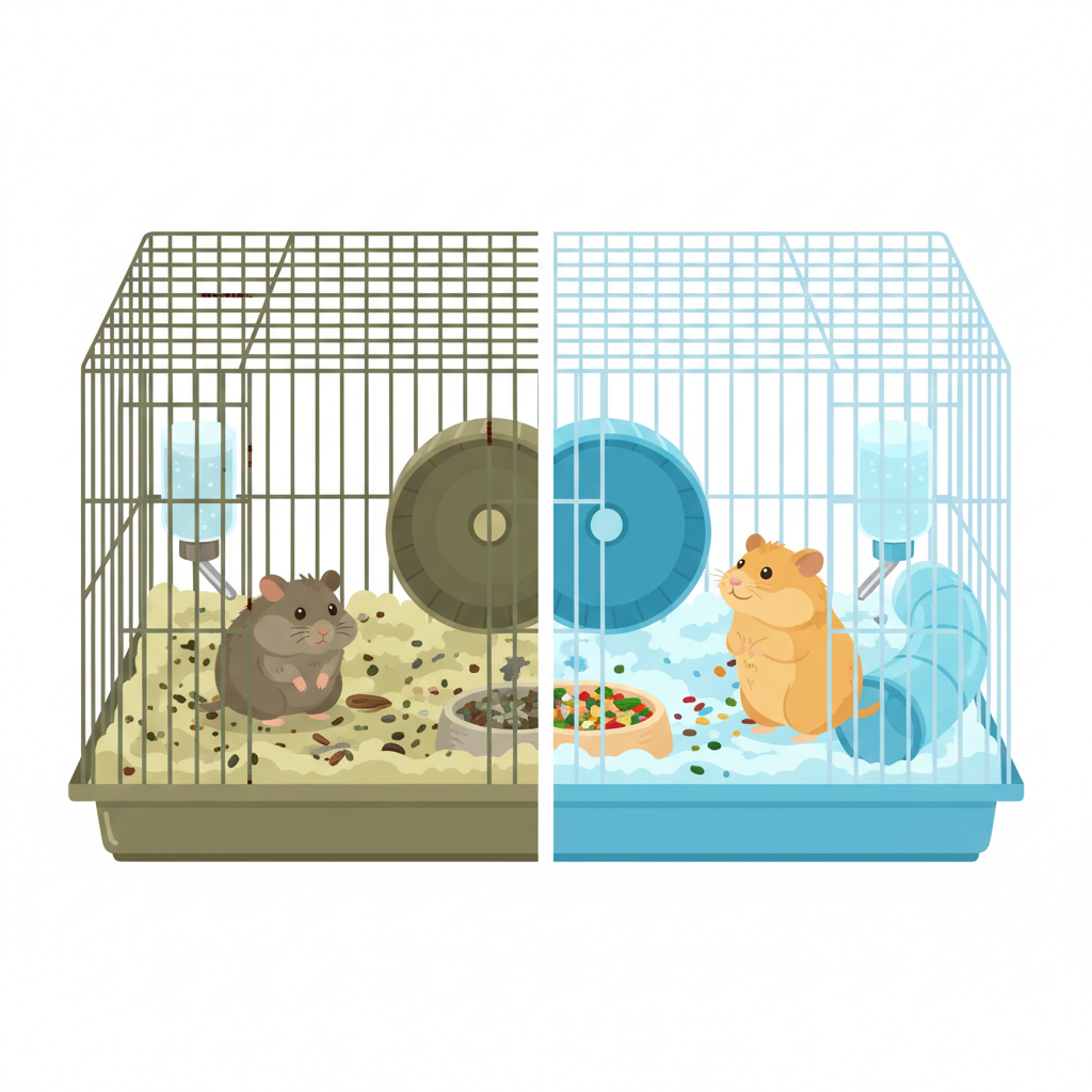 A vibrant, split-screen illustration showcasing two distinct hamster habitats. On the left side, a neglected, unhygienic cage features discolored, matted bedding, visible food debris, and noticeable animal waste, indicating poor care. The hamster within appears somewhat listless. On the right side, the identical cage model is immaculately clean, filled with fresh, fluffy bedding, a sparkling water bottle, and pristine accessories, portraying a lively, content hamster exploring its healthy environment. The overall style should be a professional, clean flat illustration with a clear visual contrast in color palettes to distinguish healthy from unhealthy.