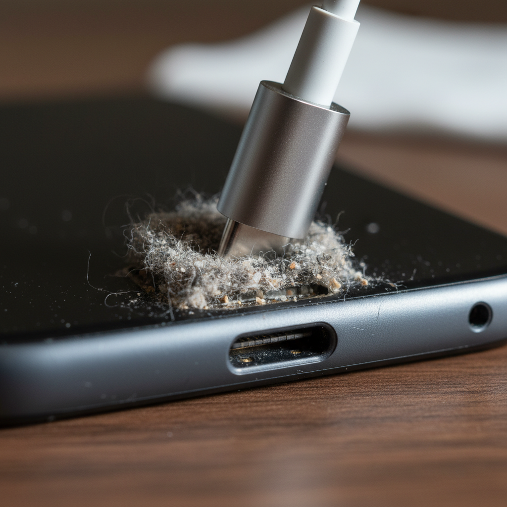 A macro professional photo of a modern smartphone's charging port (e.g., USB-C). The port is clearly visible, with a significant accumulation of dust, lint, and small debris packed inside. A charging cable plug is partially inserted or attempting to be inserted, but it's visibly blocked by the debris, preventing a full connection. The image should highlight the contrast between the clean cable plug and the clogged port, visually explaining why the phone isn't charging. The overall mood is one of a common technical frustration.