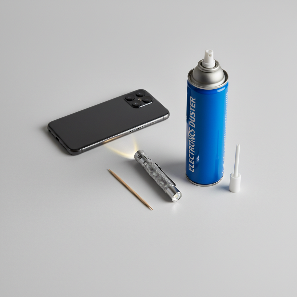 A clean, bright, professional product photography shot, featuring a flat lay arrangement of essential tools for cleaning a phone's charging port. Neatly arranged on a neutral surface are: a smartphone positioned to clearly show its charging port, a small flashlight casting a focused beam into the port, a can of compressed air specifically for electronics, and a thin wooden toothpick or bamboo stick. The items are well-lit and clearly identifiable, conveying readiness and precision.