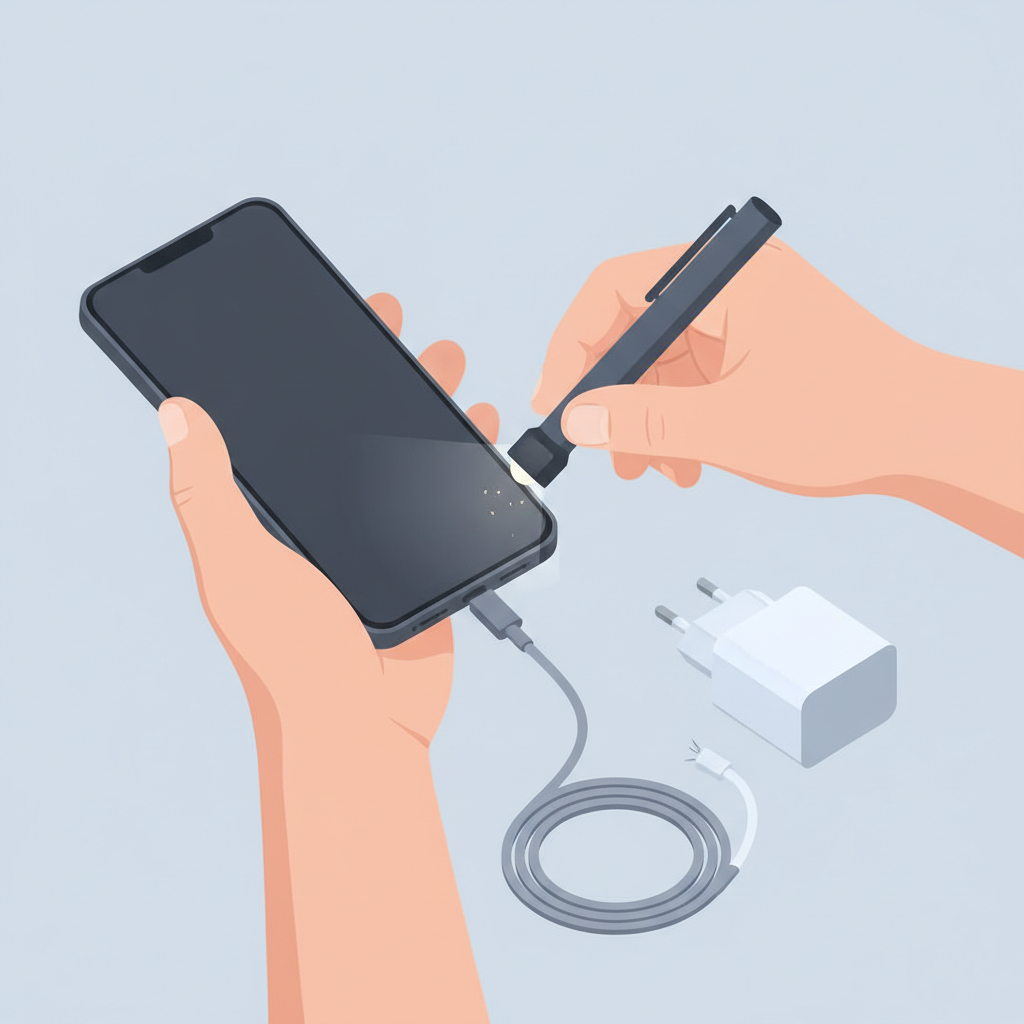 A close-up, isometric flat illustration showing a person's hands gently examining the charging port of a modern smartphone with a small light source (like a phone's flashlight or a penlight). Next to the phone, a visibly worn or slightly frayed USB charging cable is coiled, and a wall adapter is depicted nearby. The scene conveys a sense of careful inspection and initial troubleshooting, highlighting the common physical components involved when a phone isn't charging. The background should be clean and uncluttered, emphasizing the devices. No text or labels are to be included on the image.