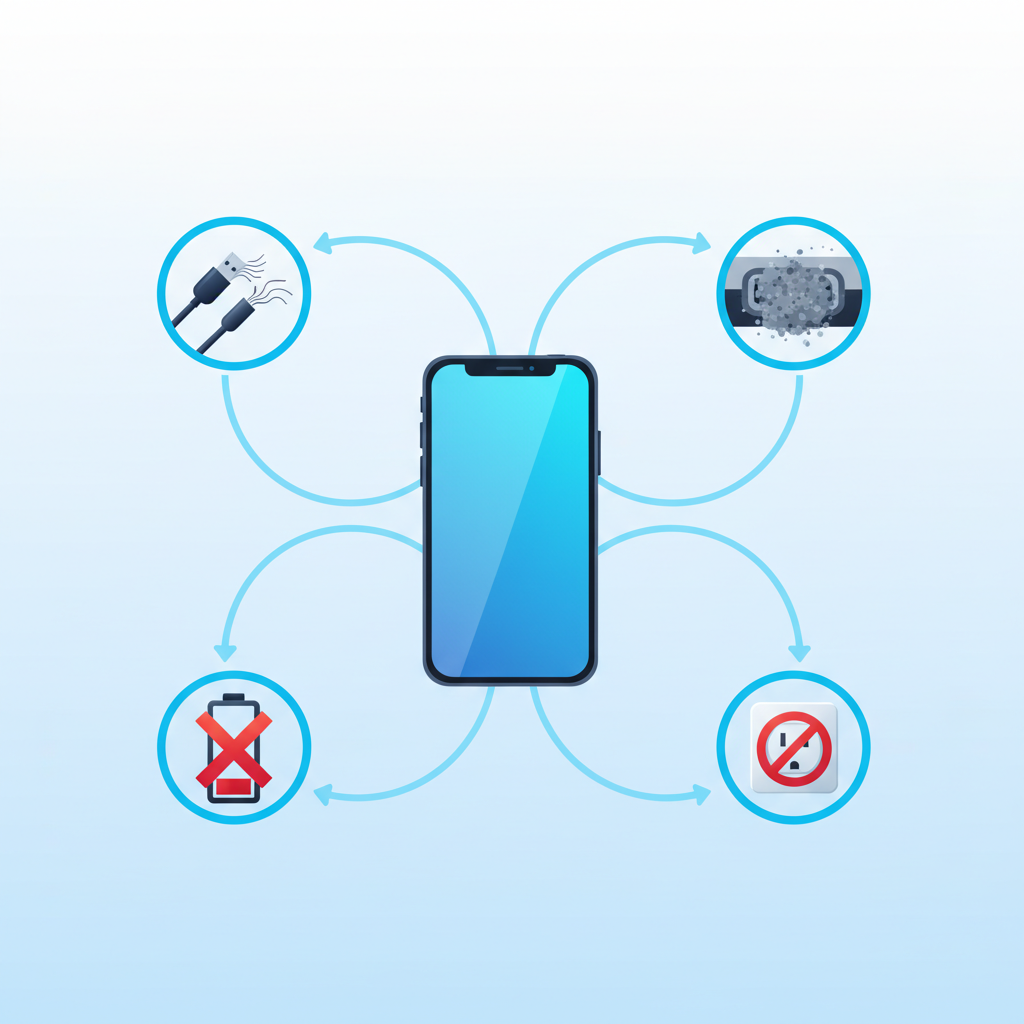 A vibrant, infographic-style illustration presenting a smartphone as the central element, with various potential charging problems radiating outwards. These problems are depicted as distinct, stylized icons: a visibly frayed or broken charging cable, a magnified view of a charging port filled with dust or debris, a battery icon showing minimal charge or an 'X', and a wall socket with a 'no power' symbol. A subtle, conceptual flow line (like an arrow or light trail) connects the components, showing interruptions at the problem points. The overall aesthetic should be clean, informative, and visually engaging, suitable for explaining multiple troubleshooting steps. No text, words, or labels of any kind should appear on the image.
