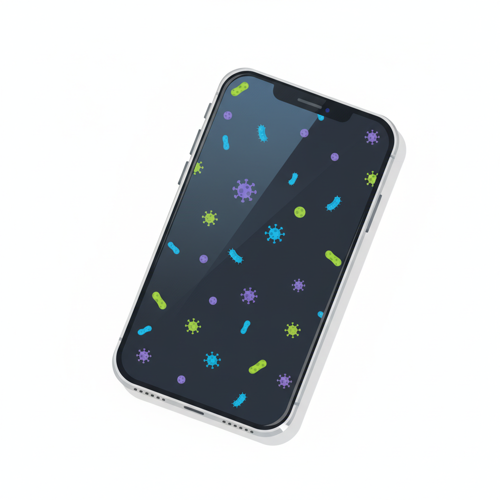 A high-angle, detailed flat illustration showing a sleek, modern smartphone. The phone's screen and body are subtly covered with stylized, microscopic bacteria and virus symbols, rendered in a slightly abstract, cartoonish manner to convey the presence of germs without being grotesque. The background is a clean, minimalist surface, suggesting a common environment like a desk. The overall palette is bright and clean, with a slight contrast to highlight the invisible grime, emphasizing the article's core message about a dirty phone.