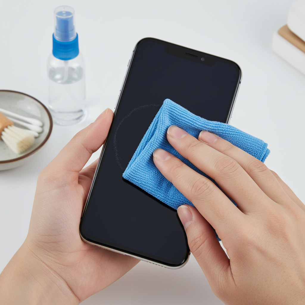 A vibrant, professional product photography style image showcasing hands gently cleaning a generic smartphone. One hand holds the phone, while another uses a soft microfiber cloth to wipe the screen. In the slightly blurred background, common household items are visible: a small spray bottle (implying distilled water or isopropyl alcohol), a few cotton swabs, and a soft brush. The lighting is bright and clean, emphasizing ease and accessibility, and the overall composition conveys a sense of effective, simple cleaning without specialized tools.
